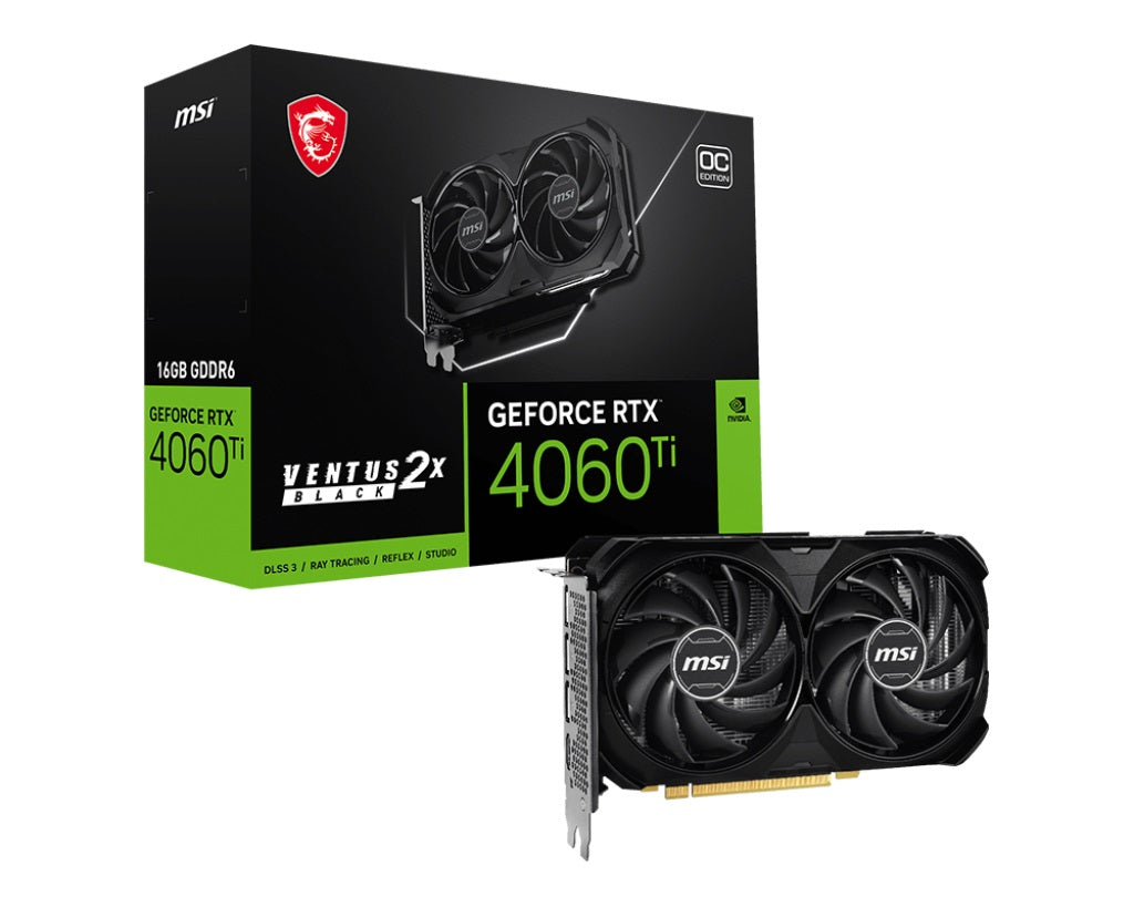 MSI nVidia GeForce RTX 4060 Ti VENTUS 2X BLACK 16G OC Video Card 2610 MHz Boost Clock, 16GB GDDR6,DisplayPort x 3 (v1.4a),HDMI x 1