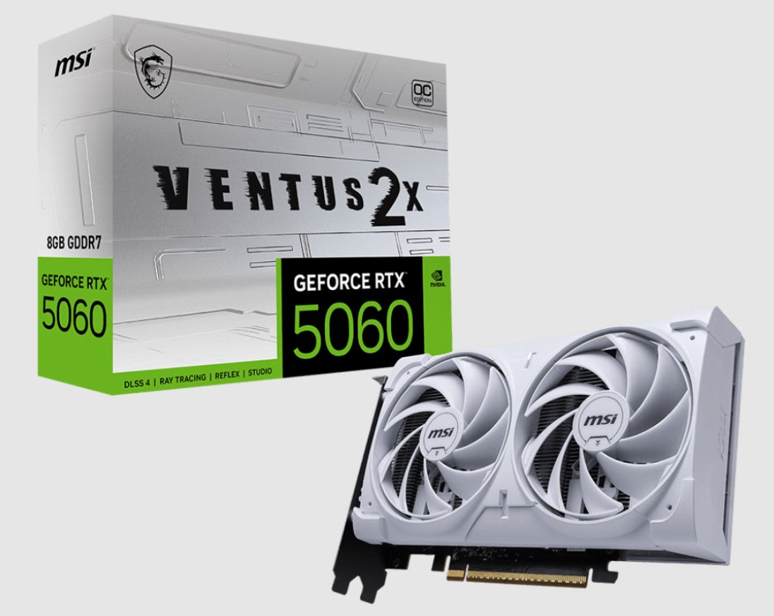 MSI nVidia GeForce RTX 5060 8G VENTUS 2X OC WHITE, PCI Express® Gen 5 x16, Boost: 2527 MHz, CUDA 3840 Units, 8GB GDDR7. HDMI™ x 1 (emabargo)