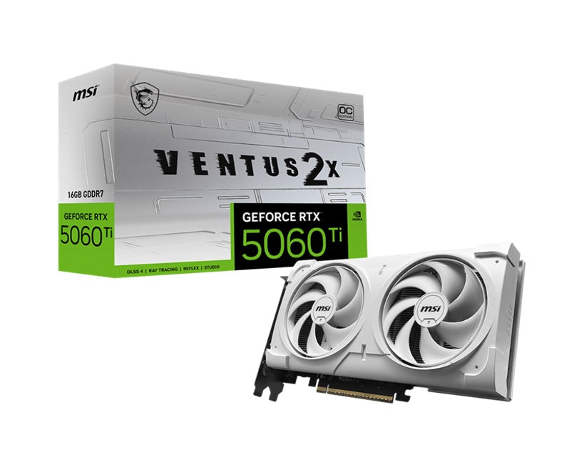 MSI nVidia GeForce RTX™ 5060 Ti 16G VENTUS 2X OC WHITE PLUS, Boost 2602 MHz, CUDA 4608, 16GB GDDR7, 28 Gbps, 600W PSU, HDMI™ x 1 (embargo)