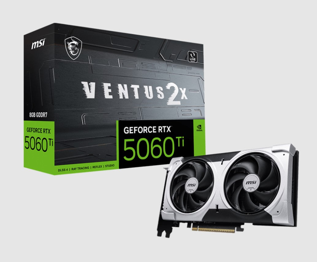 MSI nVidia GeForce RTX™ 5060 Ti 8G VENTUS 2X PLUS, PCI Express® Gen 5 x16 (uses x8), Boost: 2572 MHz, CUDA 4608 Units, 8GB GDDR7, HDMI™ x 1