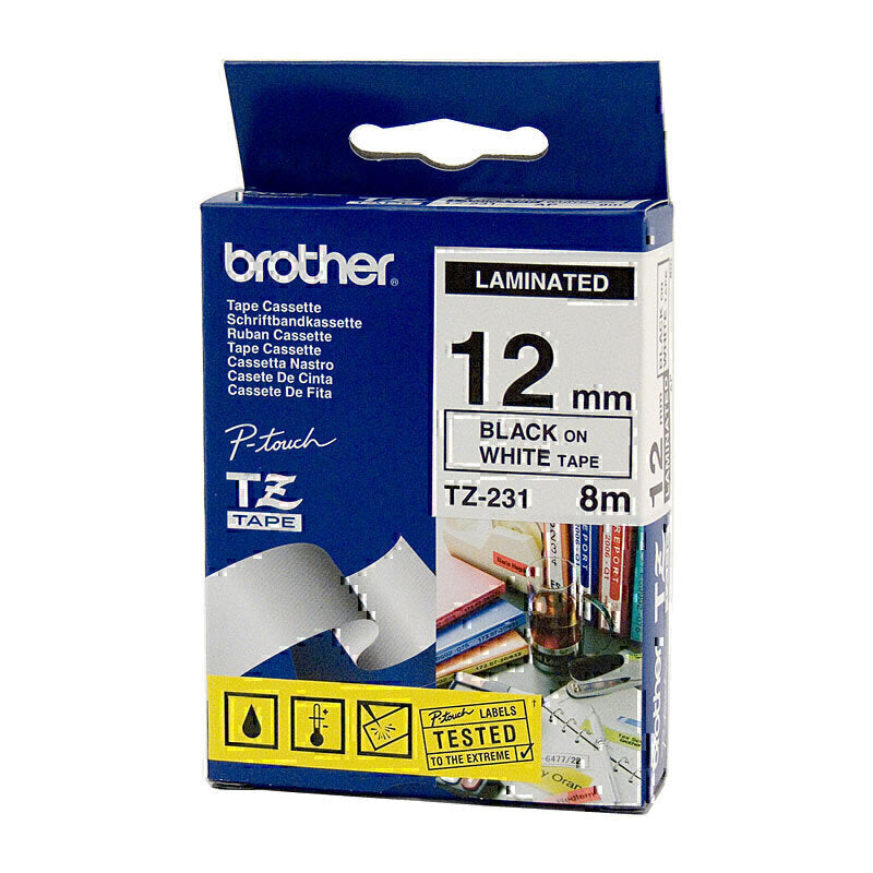 شريط لاصق Brother TZe231 نص أسود على شريط لاصق أبيض مقاس 12 مم - 8 أمتار