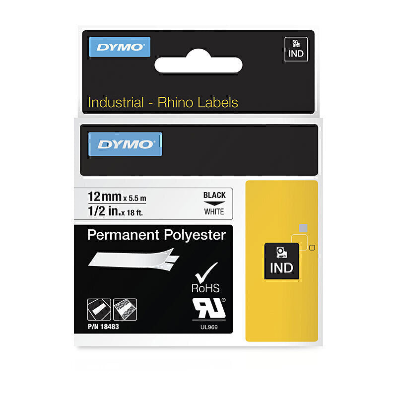 شريط البوليستر الدائم Dymo Rhino 12 مم 18483 نص أسود على أبيض - 5.5 متر
