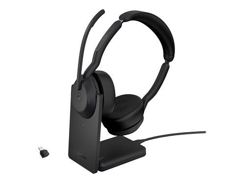 Jabra 25599-999-889, Evolve2 55 MS Headset with Charging Stand, Stereo, On-ear, Active Noise Cancelling, USB-C, Wireless Bluetooth, Black, 2 Year Warranty