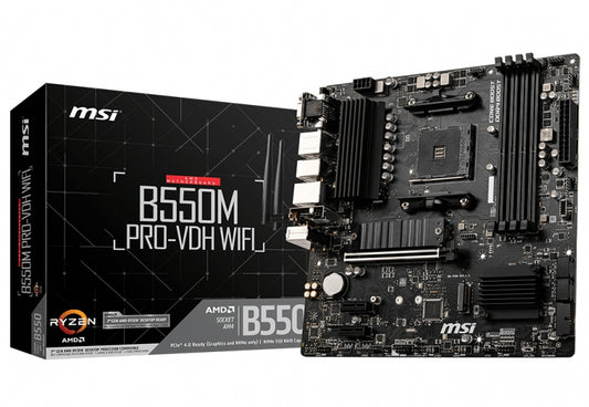 MSI B550M PRO-VDH WIFI, Micro ATX, AMD AM4, 4xDDR4, 2xM.2 4xSATA 6Gb/s, RAID, 3xPCIe, 1xHDMI, 1xDP, 1xD-Sub, GbE LAN, Wireless AC Bluetooth, 2xUSB2.0, 4xUSB3.0, RGB, 3 Year Warranty