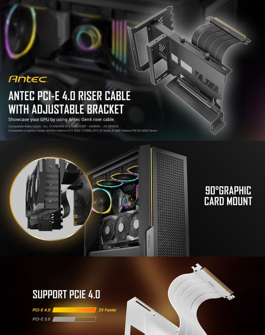 (LS)Antec Adjustable Vertical PCI Bracket and PCI-E 4.0 Cable Kit (200mm) White. Universal. Premium Gold Plated + RTX 4050 / 4060 / 4070 and AMD 6000