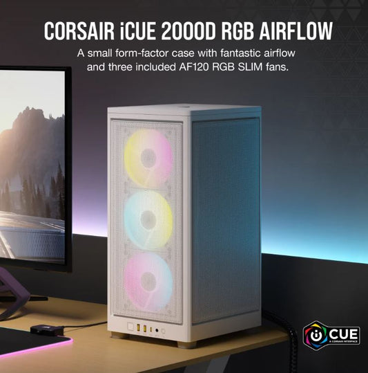 (LSCorsair iCUE 2000D RGB AIRFLOW, Mesh Panels, USB-C, ICUE, 3x AF120 RGB Slim Fans, Mini ITX Tower - White. Case