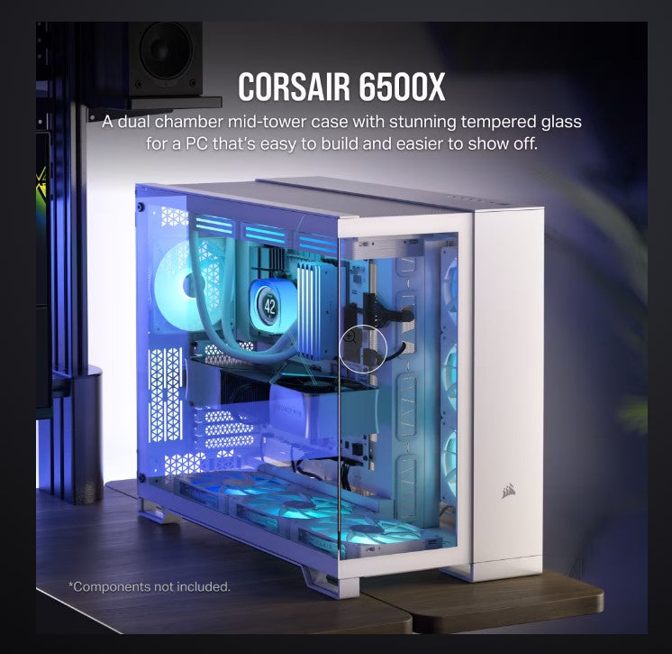 (LSCorsair 6500X Tempered Glass ATX Mid-Tower, Dual Chamber, Cable Management, White Case(LS)