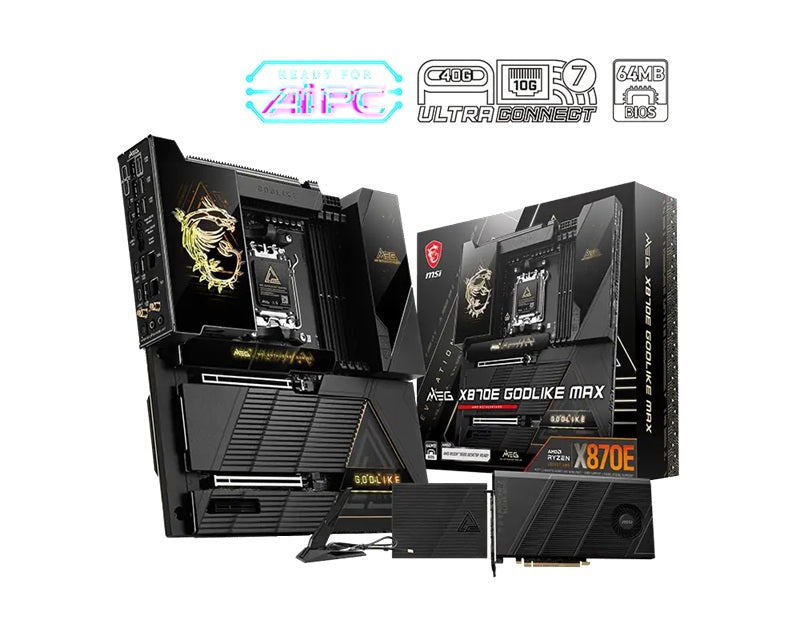 MSI MEG X870E GODLIKE MAX, AM5, AMD X870E, DDR5 9200+ OC, PCIe 5.0, Wi-Fi 7