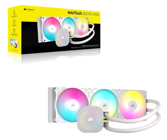 Corsair NAUTILUS 360 RS ARGB Liquid CPU Cooler - White, Aluminum Rad, Copper Cold Plate, PWM Fan Control, 1700 RPM, 360mm rad, 450mm Tubing, 3x Fans