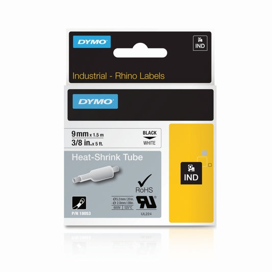 Dymo Rhino 9mm Heat Shrink Tube 18053 Black Text on White - 1.5 meters