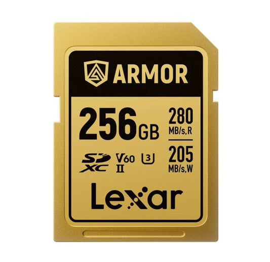 Lexar Professional ARMOR GOLD 256GB SDXC™ UHS-II Card  up to 280MB/s read, up to 205MB/s write, Stainless steel, Rated IP68, 5-meter drop proof