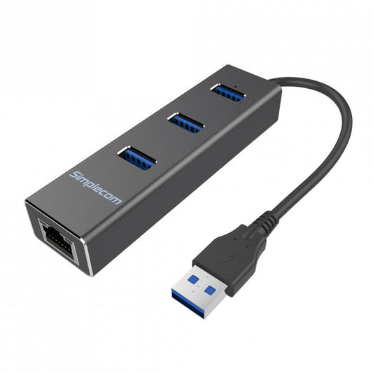 (LS)Simplecom CHN410 Black Aluminium 3 Port USB 3.0 HUB with Gigabit Ethernet