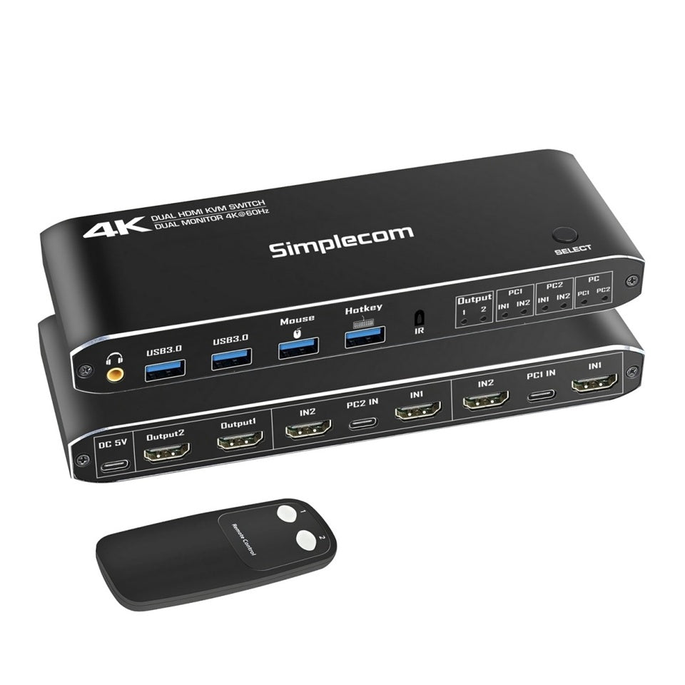 Simplecom KM430 Dual HDMI Monitor KVM Switch for 2 Computers with 4-Port USB