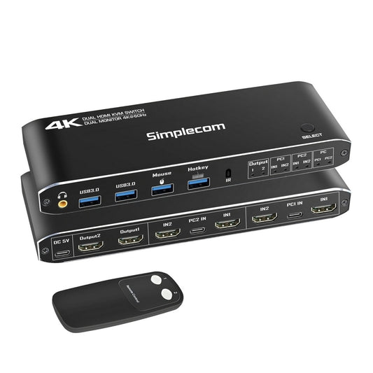 Simplecom KM430 Dual HDMI Monitor KVM Switch for 2 Computers with 4-Port USB