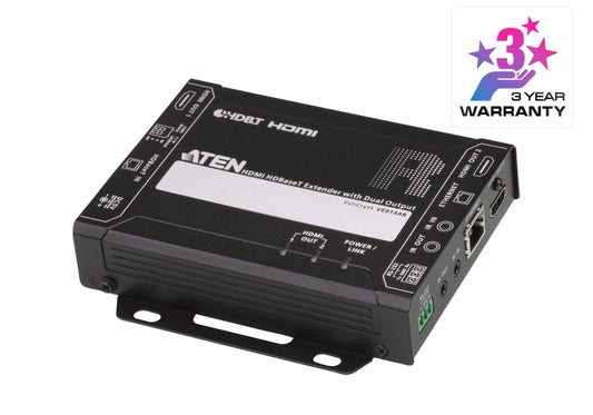 Aten HDMI HDBaseT Receiver with Dual 4K Output, one local HDMI output, supports up to 4K@70m (Cat 5e/6) and 100m (Cat 6A), extends RS232 and IR