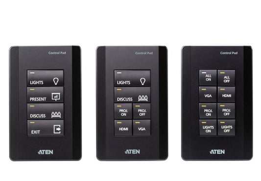 Aten 8 Button Control Pad in black color with 1 Gang US wall plate, 2 RS232, 2 relay, 1 Digital I/O and Ethernet connection support, 14 button layouts