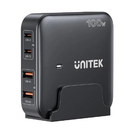 Unitek 4-in-1 Desktop GaN Charger, USB-C x2 PD, USB-A QC 3.0 x2 with Power Cord, 100W, Black, Unitek Gift Box