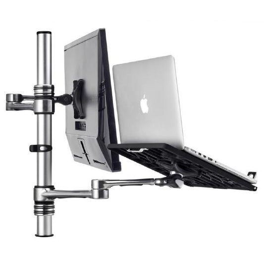 Atdec Notebook-Monitor Combo Mount on Post. Max load: 8kg (Flat), 5.5kg (curved). Up to 32&quot; screens. Up to 18&quot; notebooks (8kg). VESA 100x100. Silver