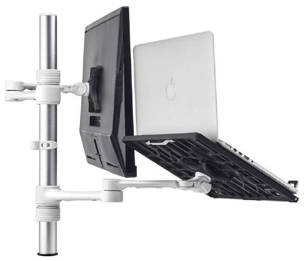 Atdec Notebook-Monitor Combo Mount on Post. Max load: 8kg (Flat), 5.5kg (curved). Up to 32&quot; screens. Up to 18&quot; notebooks (8kg). VESA 100x100. White