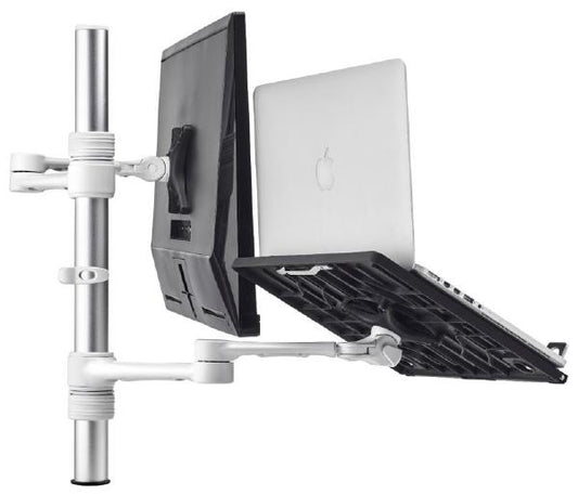 Atdec Notebook-Monitor Combo Mount on Post. Max load: 8kg (Flat), 5.5kg (curved). Up to 32&quot; screens. Up to 18&quot; notebooks (8kg). VESA 100x100. White