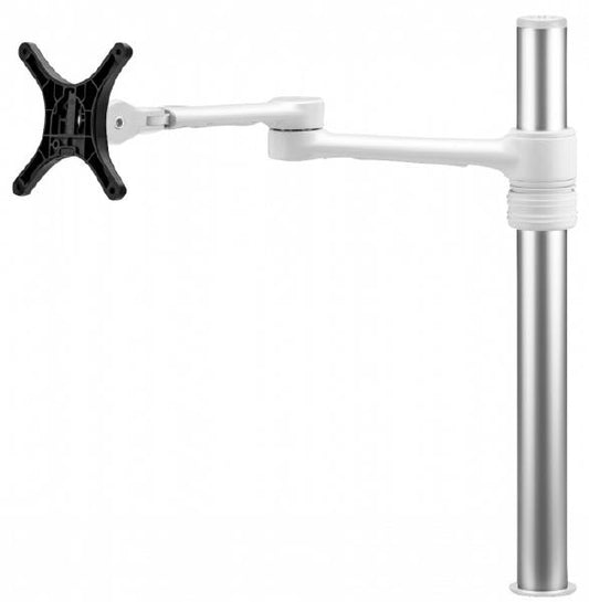 Atdec Single Monitor Swing Arm on Post. Up to 32&quot; screens, Max load: 8kg (flat), 5.5kg (curved), Bolt-Through and F-Clamp, VESA up to 100x100. White.