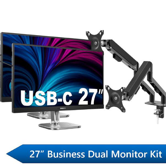Philips 27&quot; Business Dual Monitor Docking Kit, 1x 27&quot; QHD Business Monitors, 1x 27&quot; QHD USB-C Docking Business Monitor &amp; 1x Shintaro Dual Monitor Arm