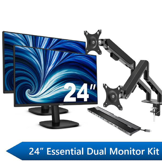 Philips 24&quot; Essential Dual Monitor Docking Kit, 2x 24&quot; FHD Business Monitors, 1x J5Create USB-C Docking Station &amp; 1x Shintaro Dual Monitor Arm