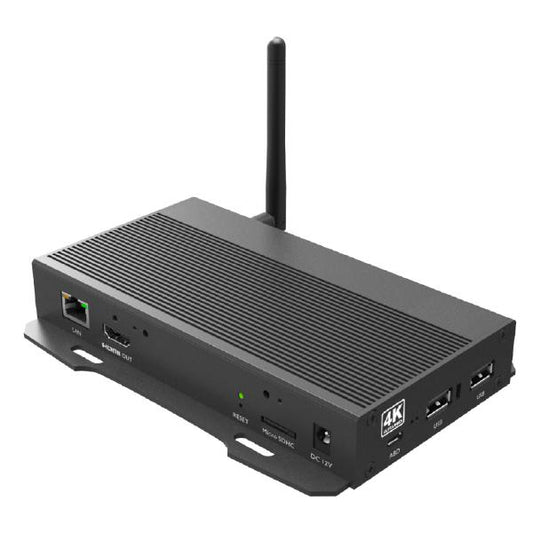Qbic BXP-300 4K-UHD Media Player. 4K (3840x2160) @ 60fps. ARM Quad-Core 1.8GHz CPU. Mali-T764 GPU. 2GB DDR4. 32GB Storage. Android 12 OS