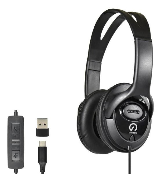 Shintaro USB-C Over-Ear Headset w/ In-Line Mic, Volume Control, USB-C to USB-A Adapter, 40mm Drivers for iPad, Tablets, Chromebooks, Laptops