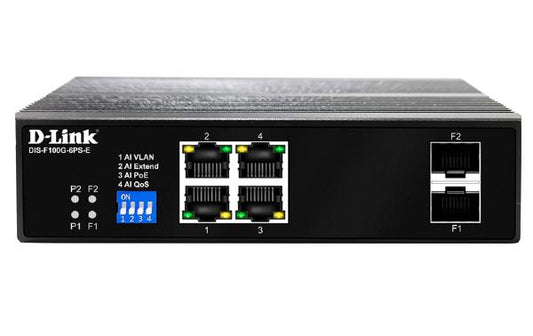 D-Link DIS-F100G, 6-Port Gigabit Industrial Unmanaged PoE+ Switch with 4 BASE-T PoE+, 2 SFP and 1 RJ-45 Console Port