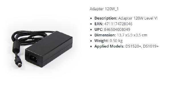 Synology Spare Part AC Adapter 120W Level VI for DS1520+ DS1019+ DS1522+