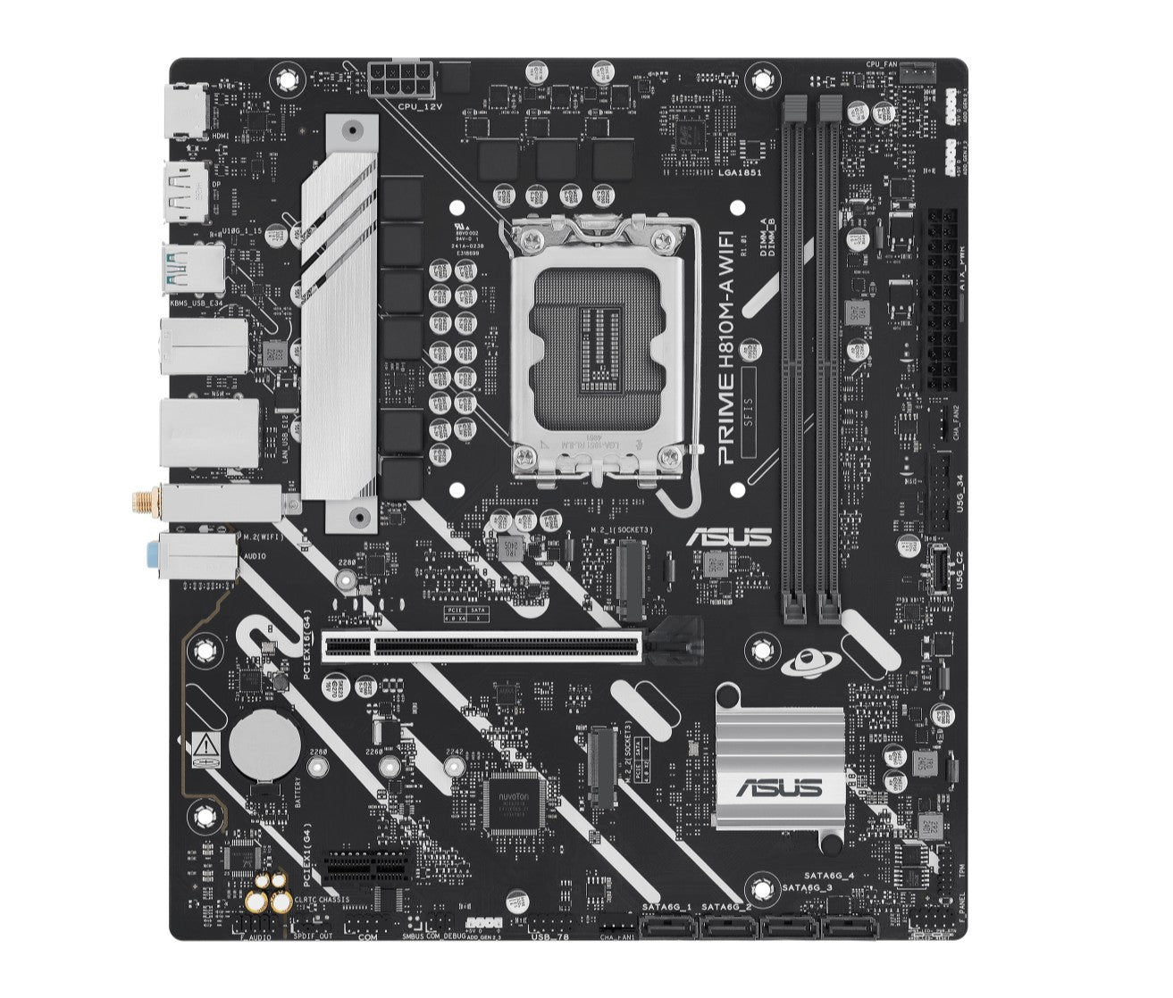 ASUS PRIME H810M-A WIFI-CSM Micro-ATX Motherboard Up to 128GB DDR5 (2x Slots), 1 x PCIe 4.0,  2 x M.2 slots,  4 x SATA, WiFi 6, 1 x HDMI, 1 x DP