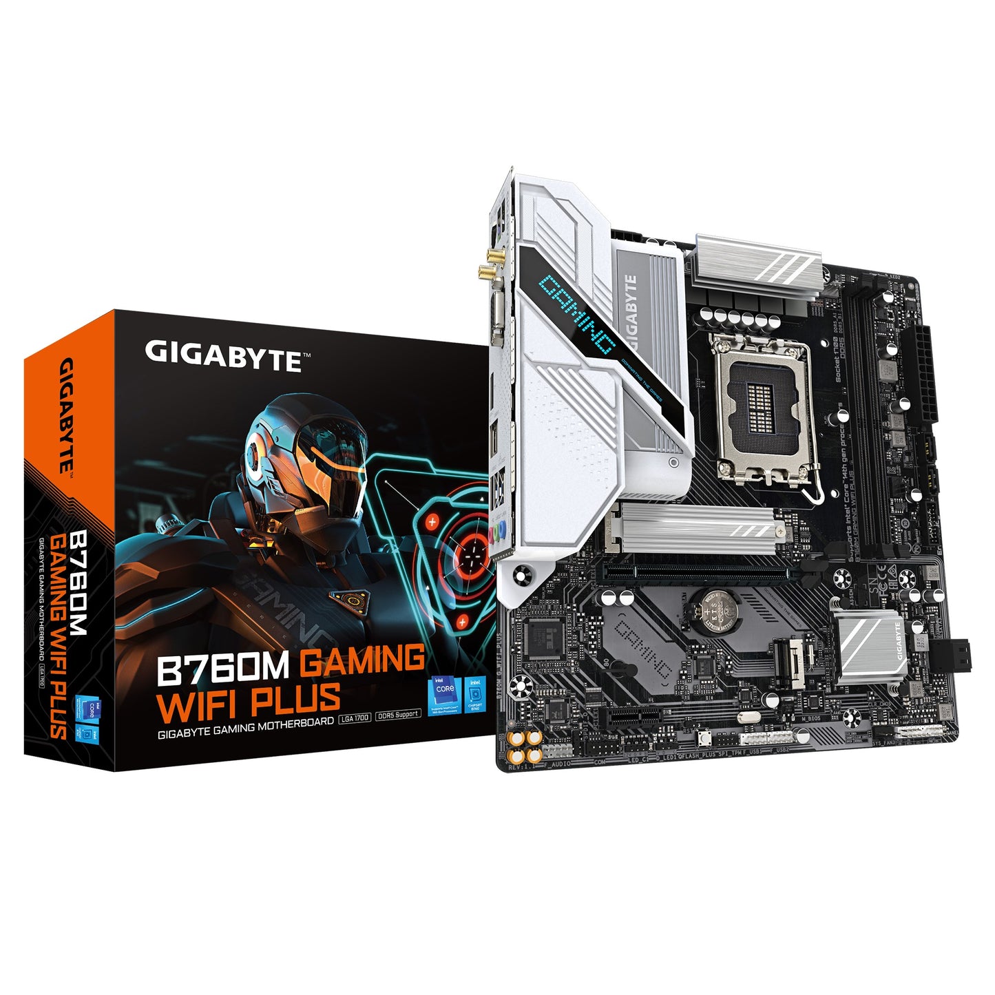 Gigabyte B760M GAMING WIFI PLUS  Intel LGA 1700 m-ATX Motherboard, 2x DDR5 ~128GB, 1x PCI-E x16, 1x PCI-E x1, 2x M.2, 4x SATA, 5x USB 3.2, 2x USB 2.0