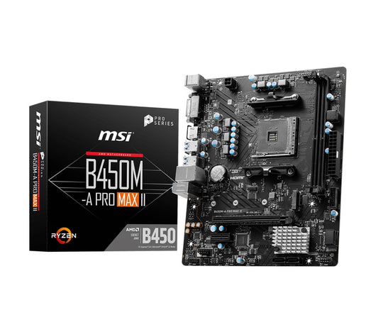MSI B450M-A PRO MAX II AMD M-ATX Motherboard - AM4 Ryzen, 2xDDR4-max64GBCapacity,1xPCIe x16slot, 4xSATA 6Gb, 6xUSB3.0, 6xUSB2.0, DVI-D HDMI, 2.5G LAN