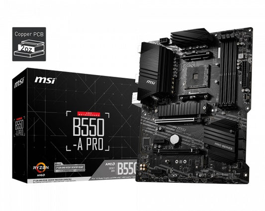MSI B550-A PRO Motherboard, AMD Ryzen AM4, 4xDDR4, support up to 128GB, 1xPCIe 4.0/3.0 x16slot, 6xSATA 6Gb, 2xUSBGen2, 5xUSB3.2Gen1, 8xUSB2.0, HDMI