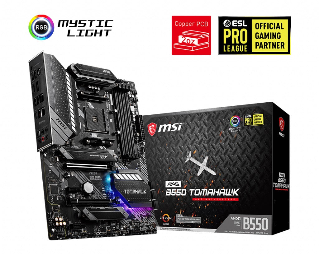 MSI MAG B550 TOMAHAWK ATX Motherboard, AMD Ryzen AM4, 4xDDR4, 1xPCIe4.0 x16slots, 2xPCIe3.0 x16slot, 6xSATA 6Gb, 5xUSB3.2Gen1, 6xUSB2.0,  2.5G LANPort