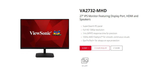 ViewSonic 27' Super Clear IPS, 4ms 100hz, Ultra Slim, FHD 1920 x 1080, DP, HDMI, VGA, 2x Speakers. VESA 100. 3 YR AR. Office Business Monitor