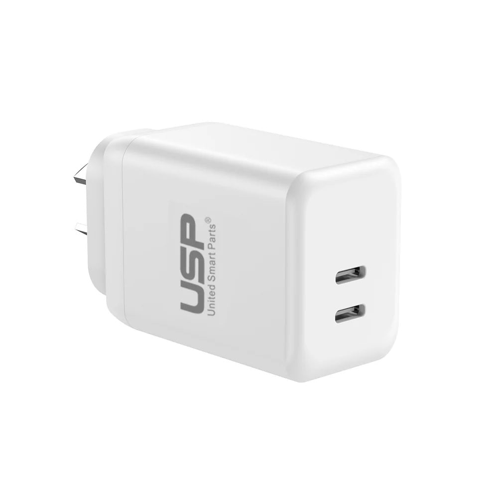 USP 45W Dual Port USB-C PD GaN Fast Wall Charger - White, Charge Two Device