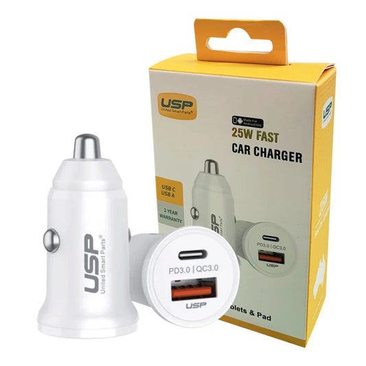USP 43W Dual Port Fast Car Charger - White, 1xUSB-C(25W), 1xUSB-A(18W QC 3.0)