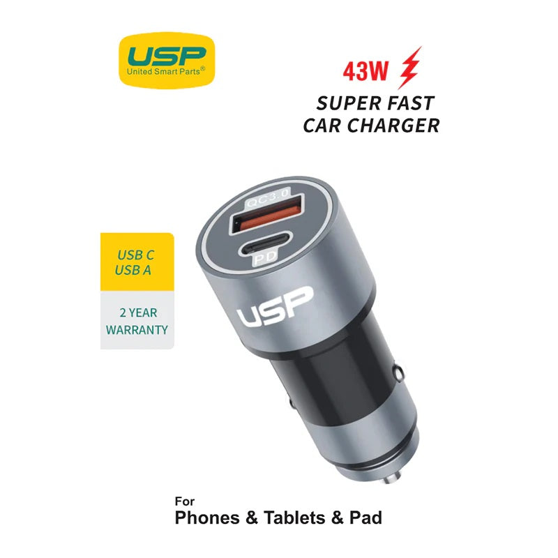 USP 43W Dual Port Car Charger (USB-C PD 25W + USB-A QC 3.0) – Silver, Smart
