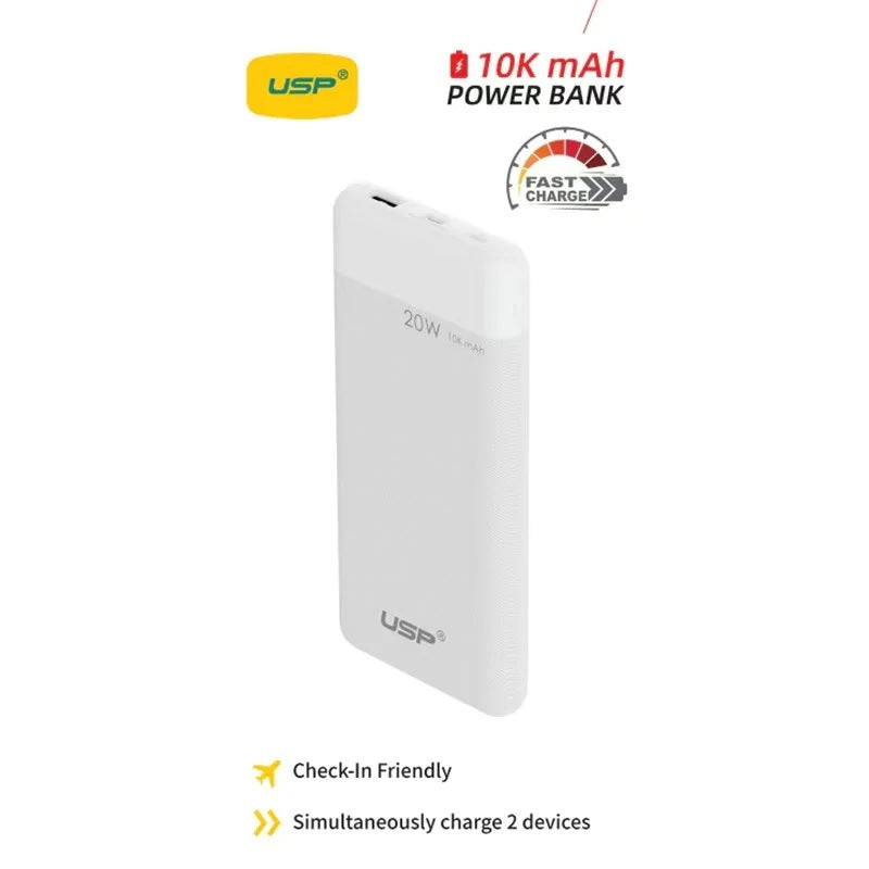 USP 10K mAh Power Bank White - 20W Fast Charge, 1x USB-C, 1x USB-A, Built-in