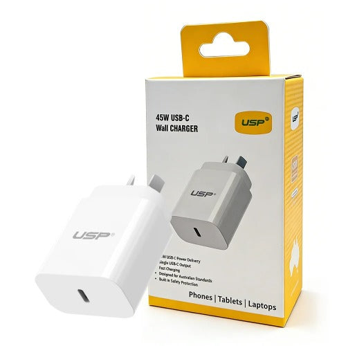 USP 45W GaN Single USB-C PD Wall Charger - White, Compact Design, Smart and