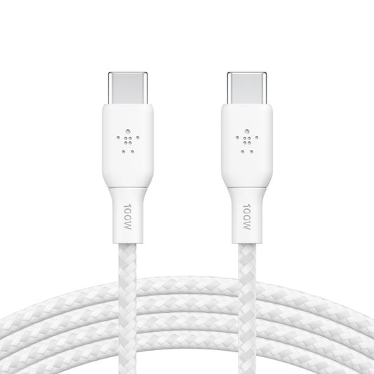 Belkin BoostCharge Braided USB-C to USB-C Cable (2M) - White (CAB014bt2MWH), 5A/100W, 480Mbps, 30K+ Bends, Apple, USB-IF Certified, 2 Years Warranty