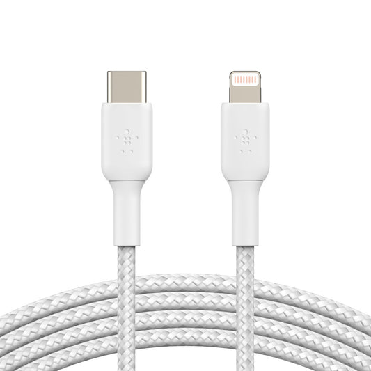 Belkin BoostCharge Braided Lightning to USB-C Cable (1M) - White (CAA004bt1MWH),3A/18W,480Mbps,30K+ Bends, Apple iPhone,MFI-Certified,2 Years Warranty
