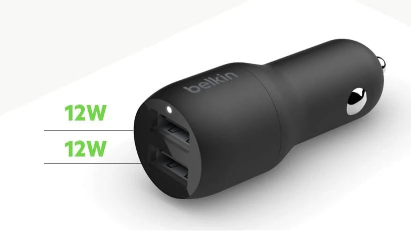 Belkin BoostCharge 24W Dual USB-A Car Charger - Black (CCB001btBK), 2xUSB-A (12W), Safe & Optimized, Apple iPhone, CEW $2,500, 2 Years Warranty