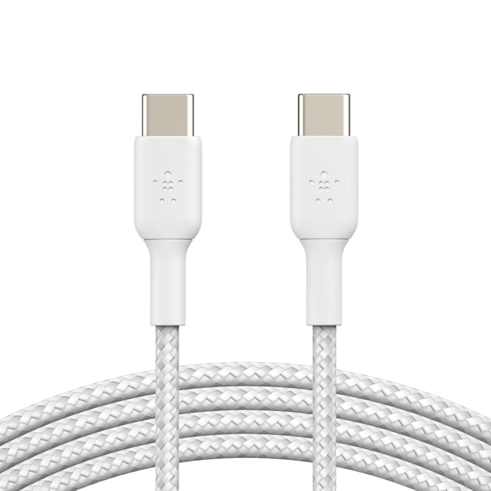 Belkin BoostCharge Braided USB-C to USB-C Cable (1M) - White (CAB004bt1MWH), 3A/60W, 480Mbps, 30K+ Bends, Apple, USB-IF Certified, 2 Year Warranty