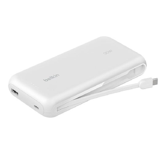 Belkin BoostChargeÂ Power Bank 20K With Integrated Cable - White (BPB024fqWH),30W,1xUSB-A,2x USB-A,Integrated USB-C cable, CEW$ 2,500, 2 Years Warranty