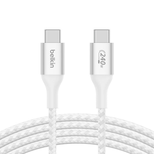 Belkin BoostCharge Braided USB-C to USB-C PD 3.1 Cable (2M) - White (CAB015bt2MWH), 5A/240W, 480Mbps, 30K+ Bends, Apple iPhone, 2 Years Warranty