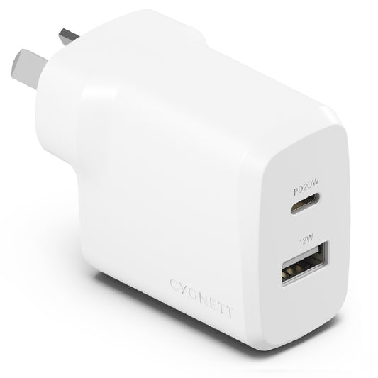 EOL Cygnett PowerPlus 32W Dual Port (20W USB-C + 12W USB-A) PD Fast Wall