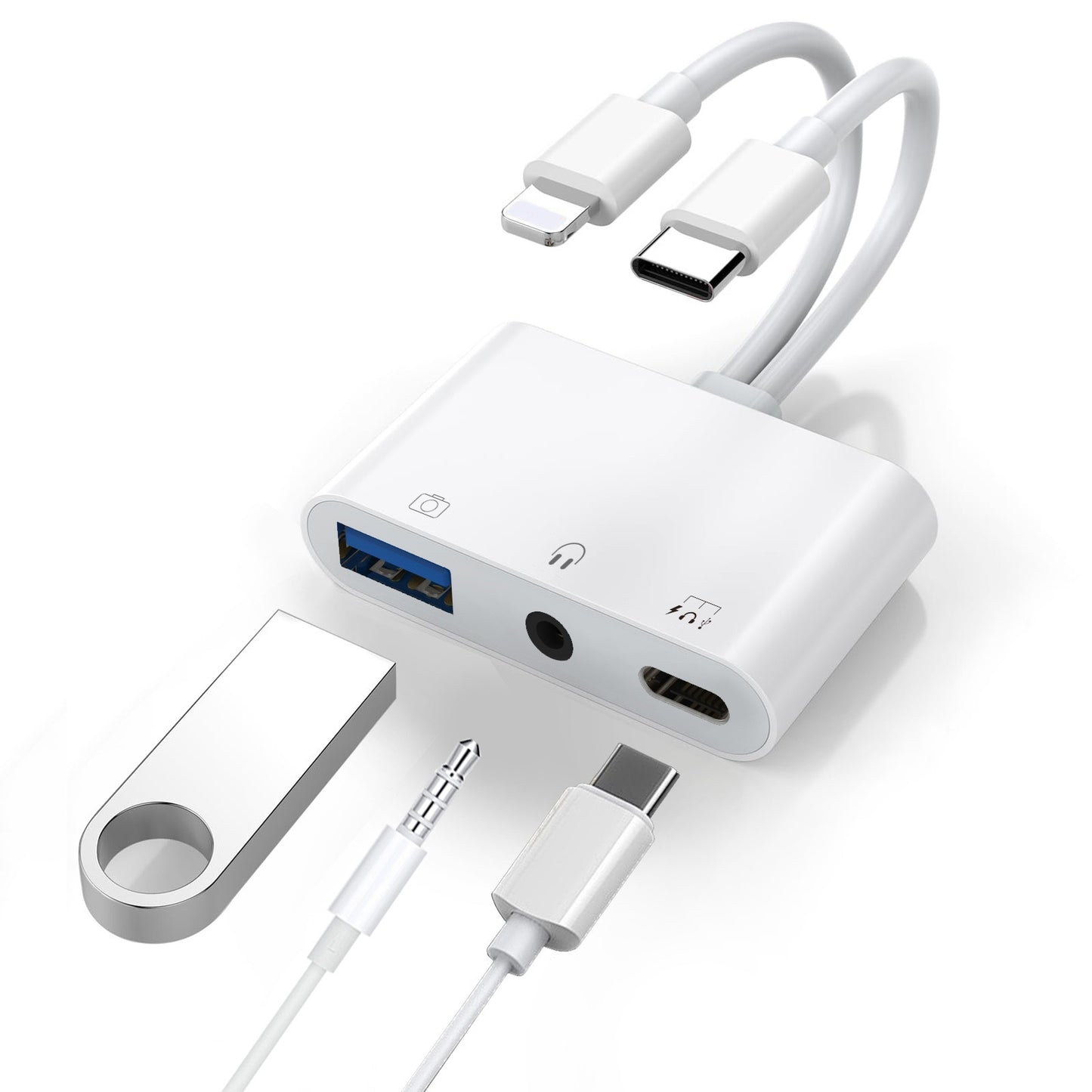 USP Lightning/USB-C to USB Adapter features a USB OTG Port, 3.5mm Headphone Jack & Fast-charging Port